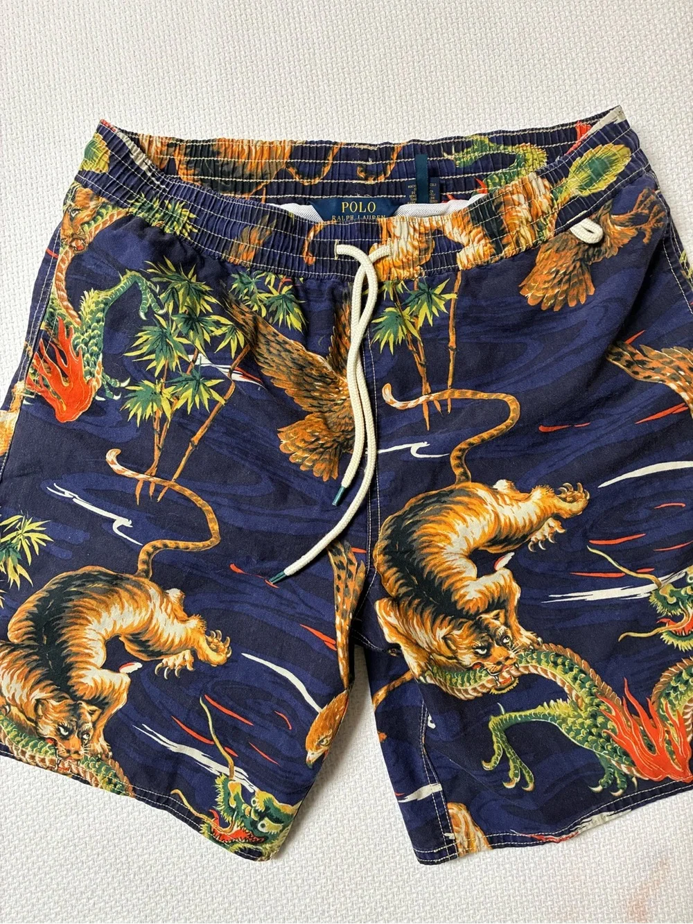 Ralph Lauren Navy Swim Trunks with Tiger & Dragon Print